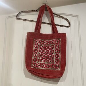 Tote Bag Quilted Boho Indie Mirror Inlay Embroidered Burnt Orange 12x12x3"